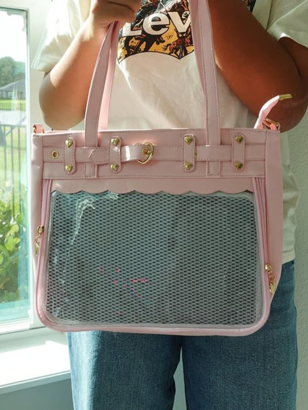 PINK Large Ita Bag Tote Crossbody Pin Display Bag Kawaii Anime JK Heart Buckle